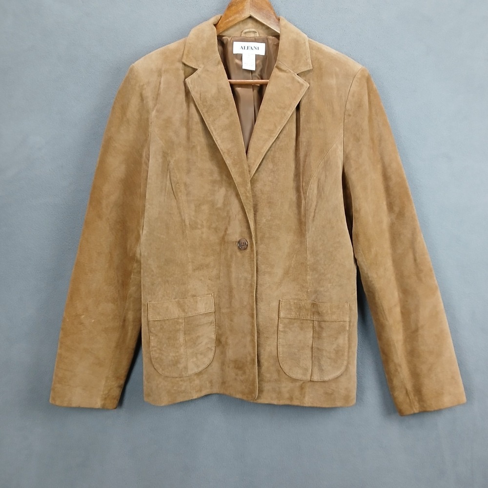Alfani Blazer Jacket Women XL Brown Leather Notch Lapel Water Resistant Business